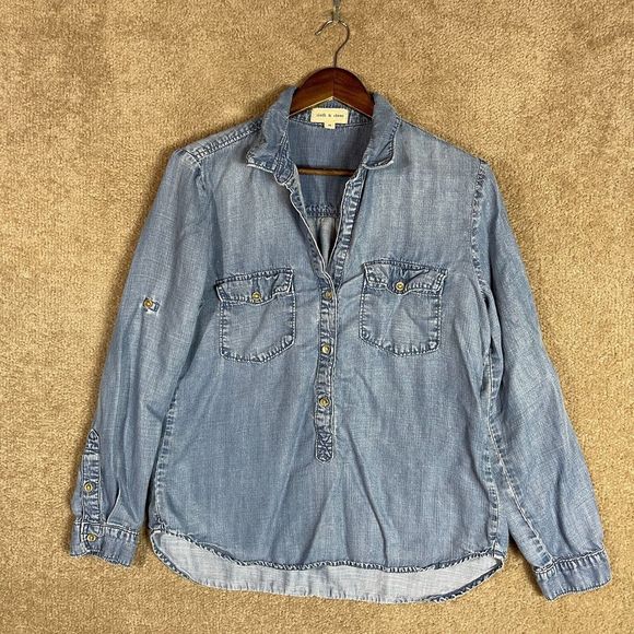 cloth & stone Tops - Cloth & Stone Popover Shirt Womens Medium M Blue Roll Tab Sleeve Denim Chambray